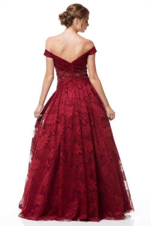 burgundy off the shoulder ball gown