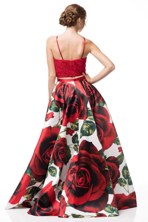 Two Piece Floral Red Halter Dress - Shangri-La