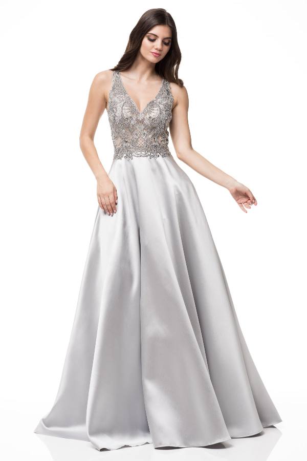 Silver Sheer Top Formal Ball Gown - Shangri-La