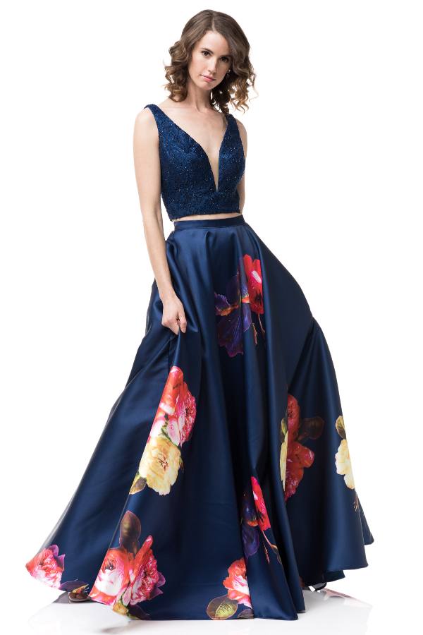navy blue floral prom dress