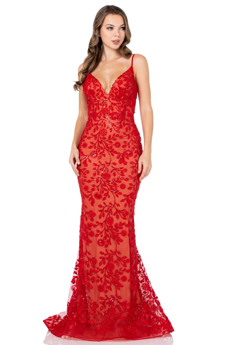 Red Fitted Dress With Floral Applique Shangri La