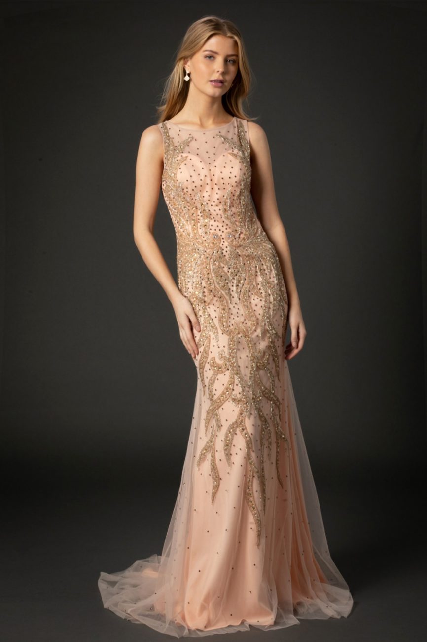 Peach Beaded Sequenced Gown