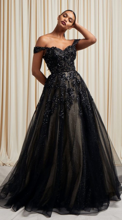Stunning Black Glitter Tulle Slit Sweetheart Prom Dress - VQ