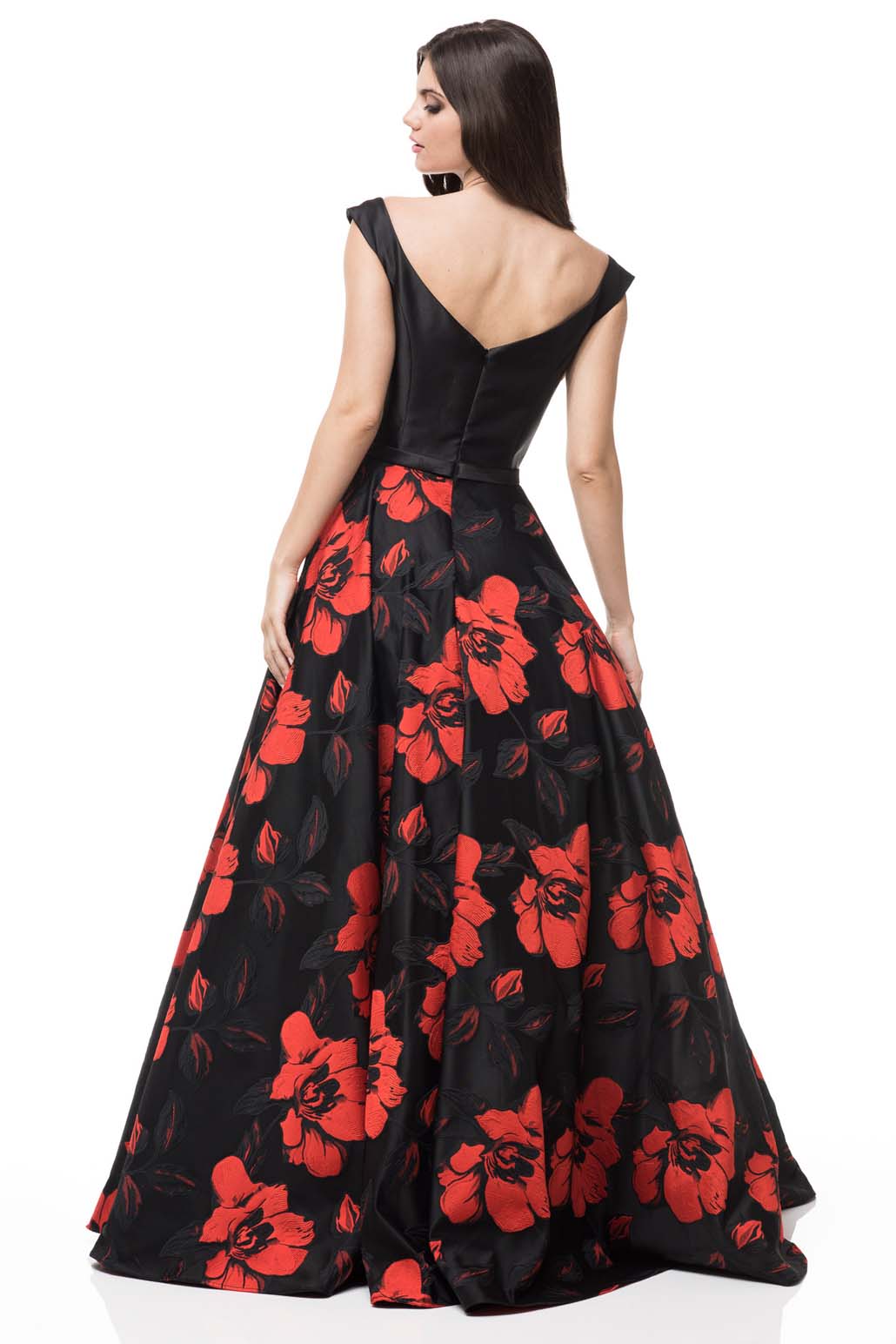 Black and Red Floral Ball Gown