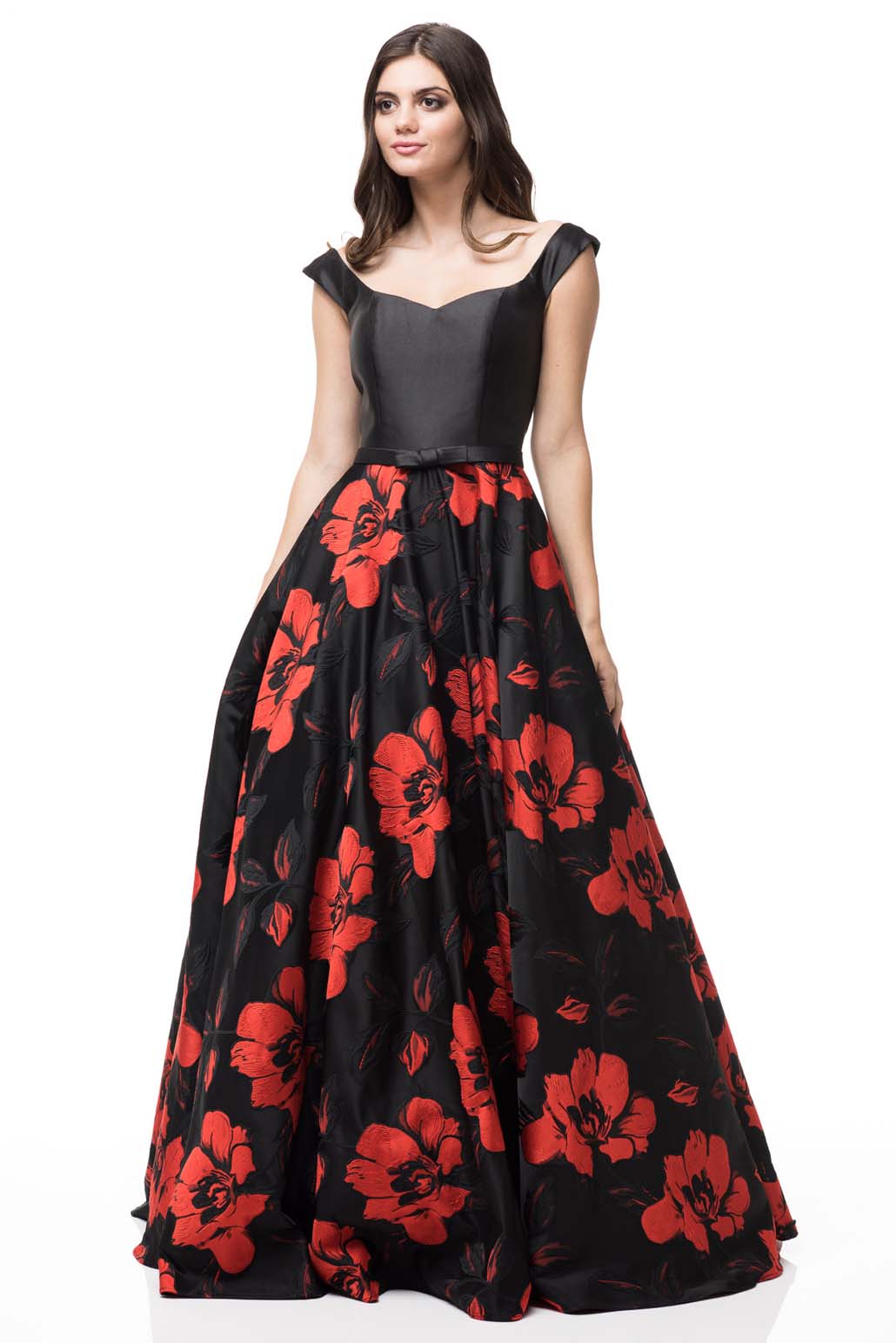 Black and Red Floral Ball Gown