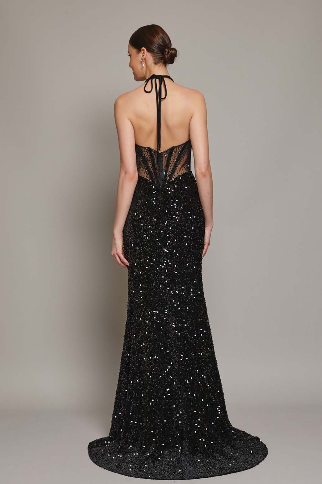 Black sequin corset evening gown with twin strap and split