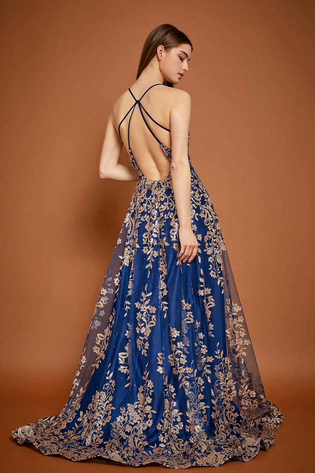 Floral Pattern Blue Gold Evening Dress with Split