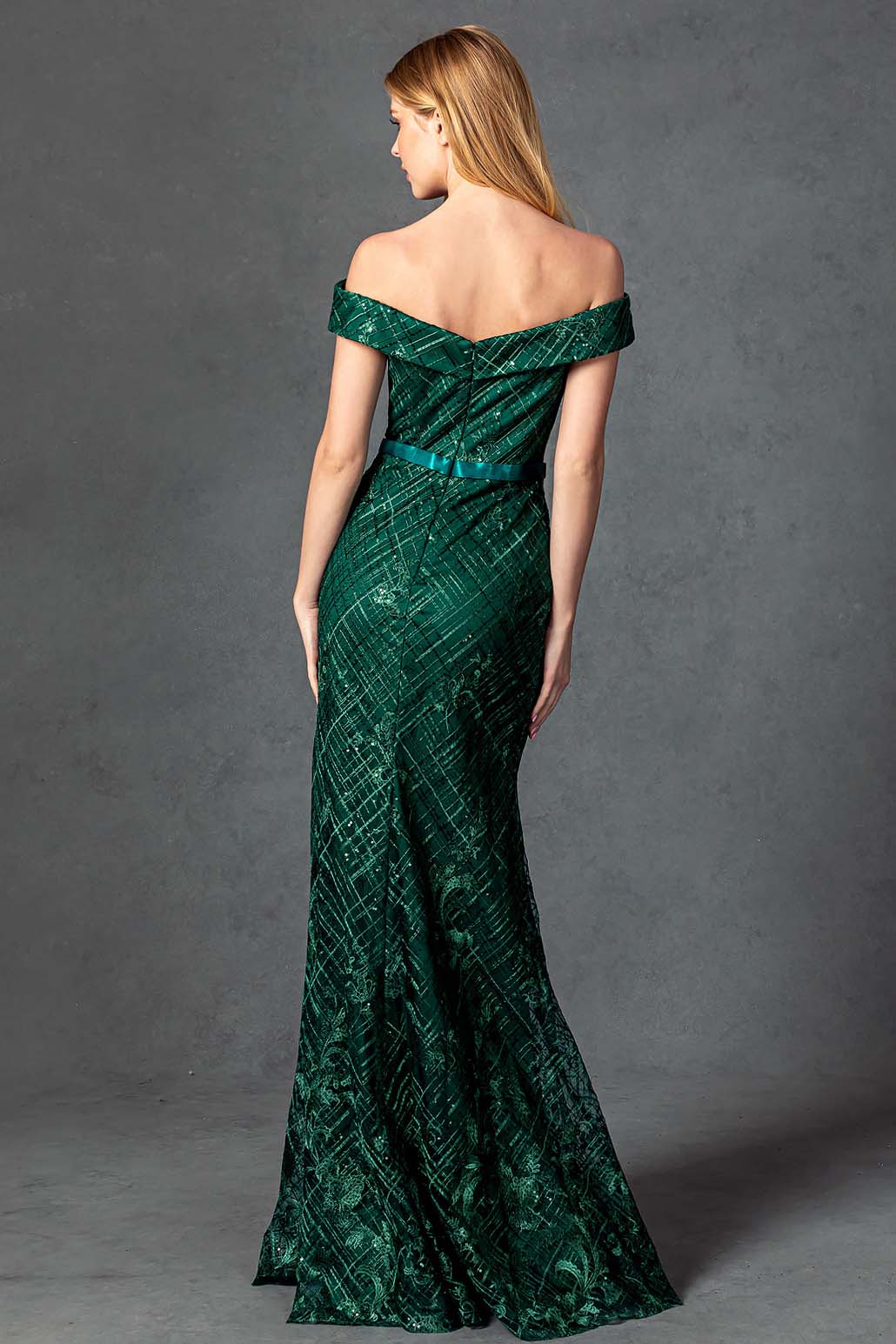 Off Shoulder Prom Dress with side split and glitter