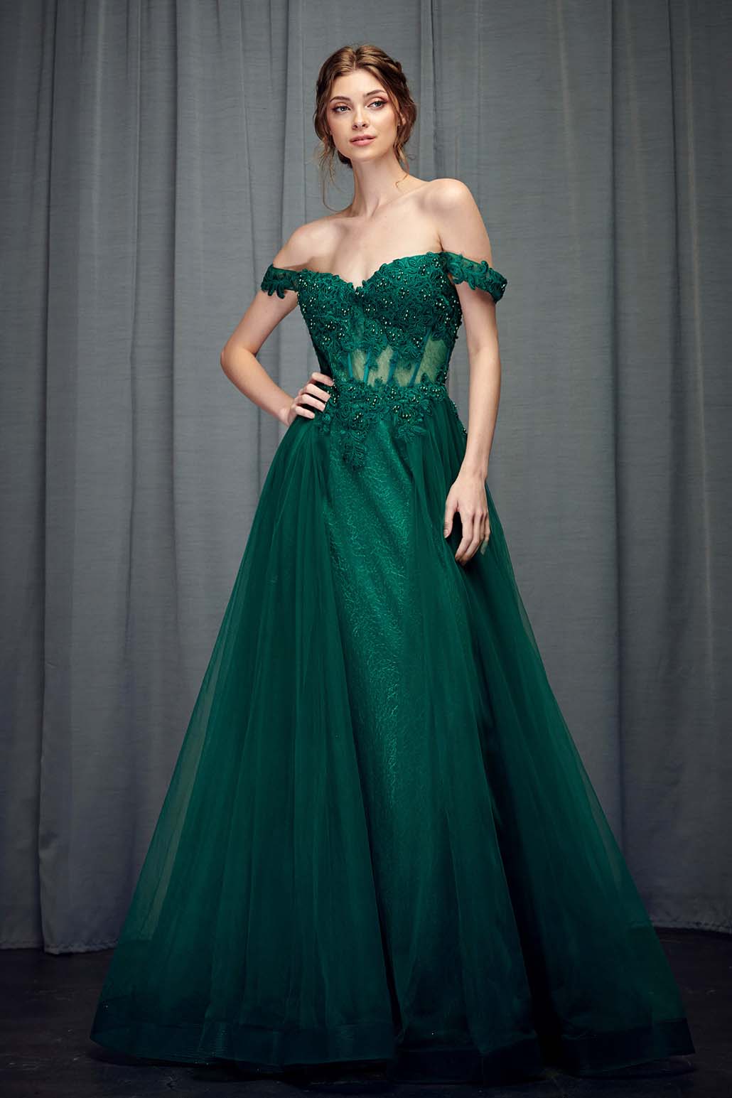 Off shoulder tulle prom dress with lace top