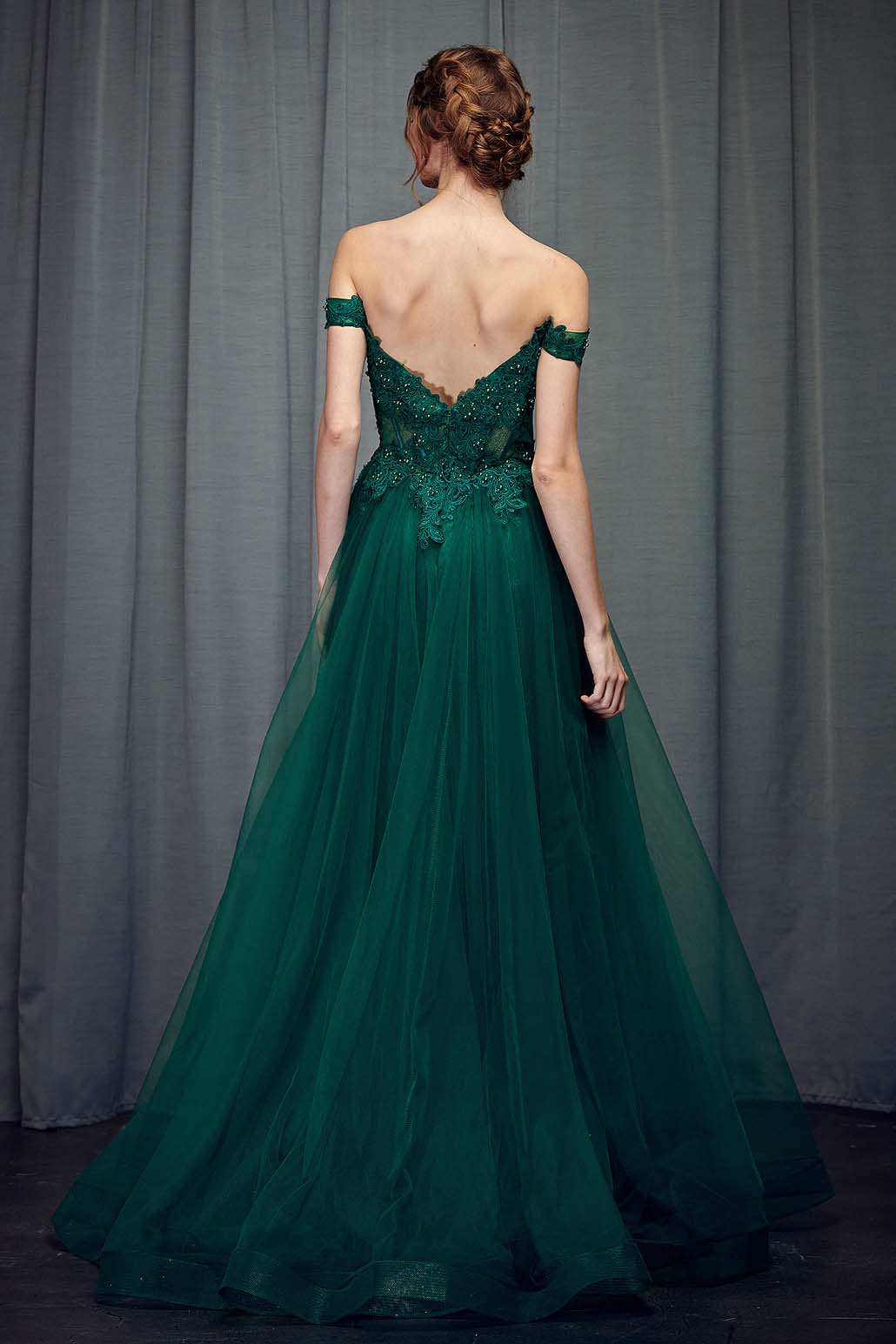 Off shoulder tulle prom dress with lace top