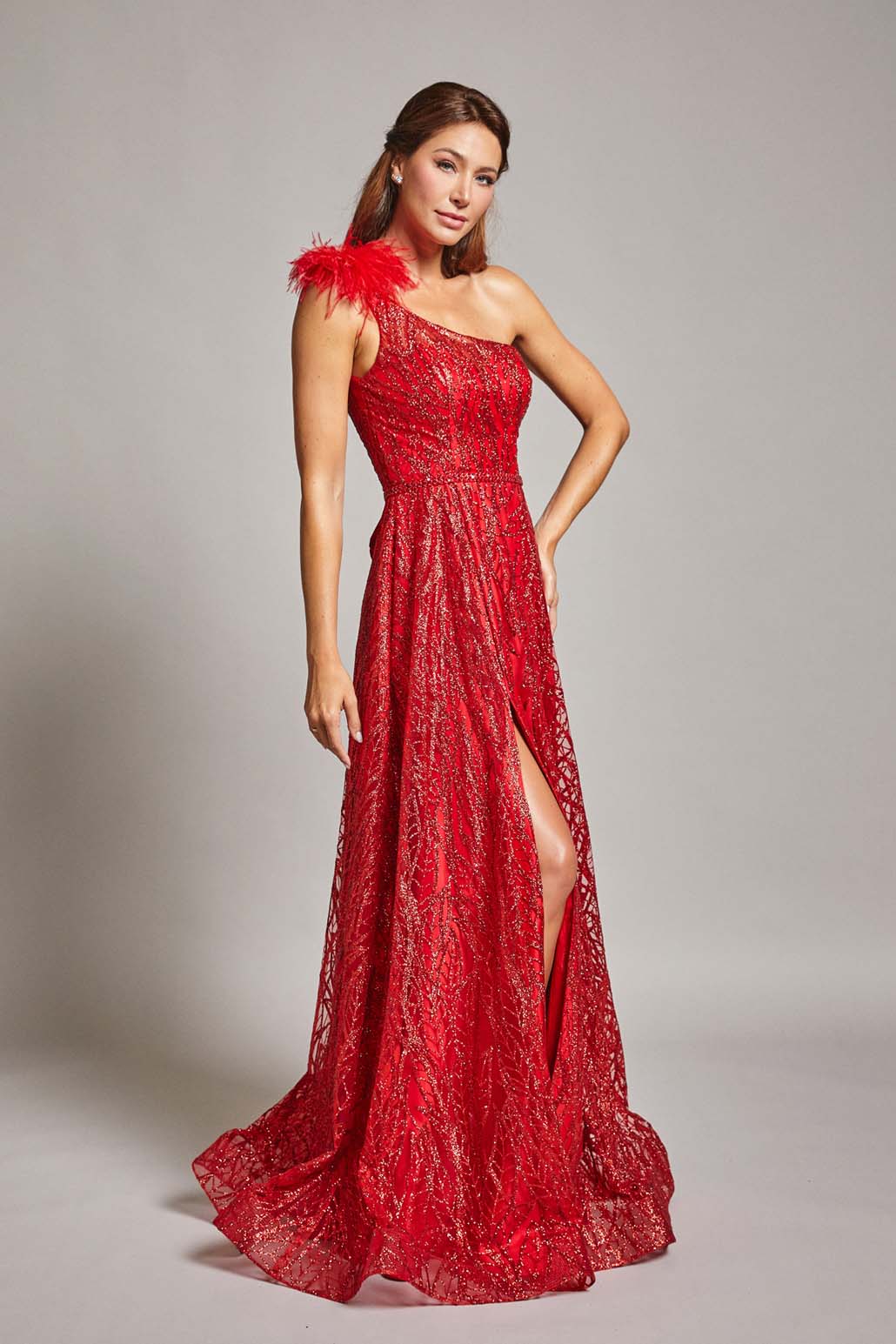 One shoulder feather gown with split and sequins