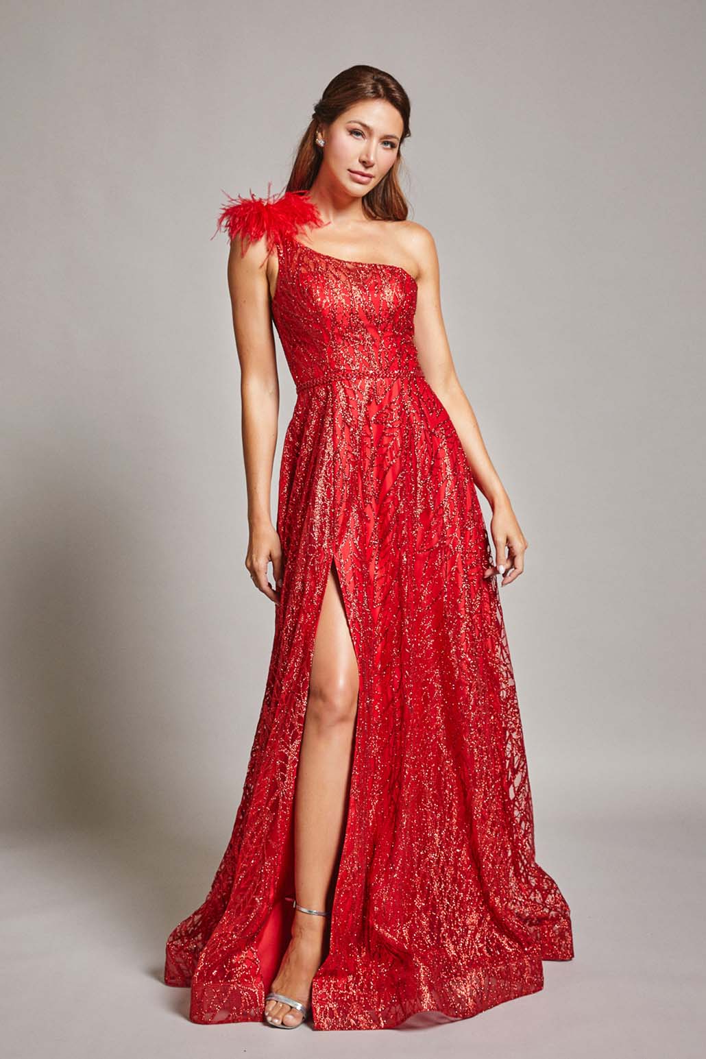 One shoulder feather gown with split and sequins