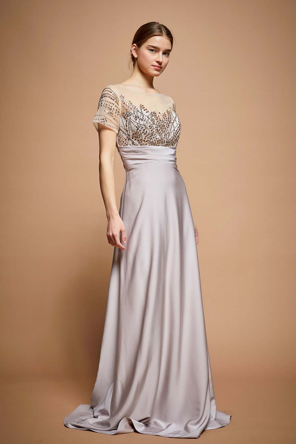 Satin mother of the bride dress with cap sleev and fitted waist