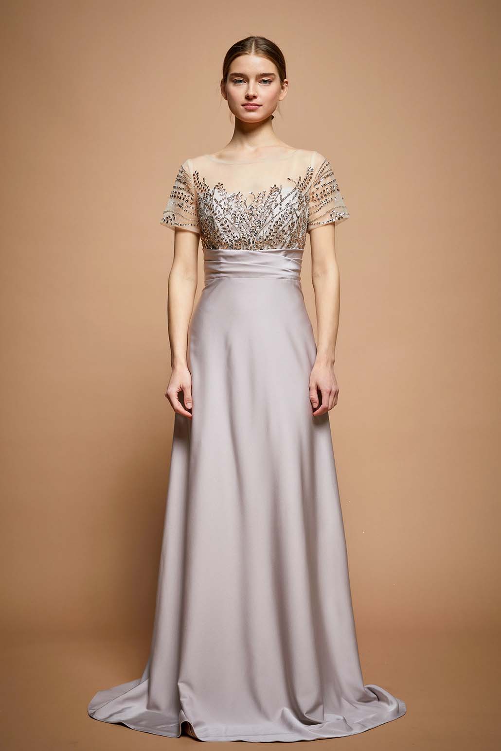 Satin mother of the bride dress with cap sleev and fitted waist