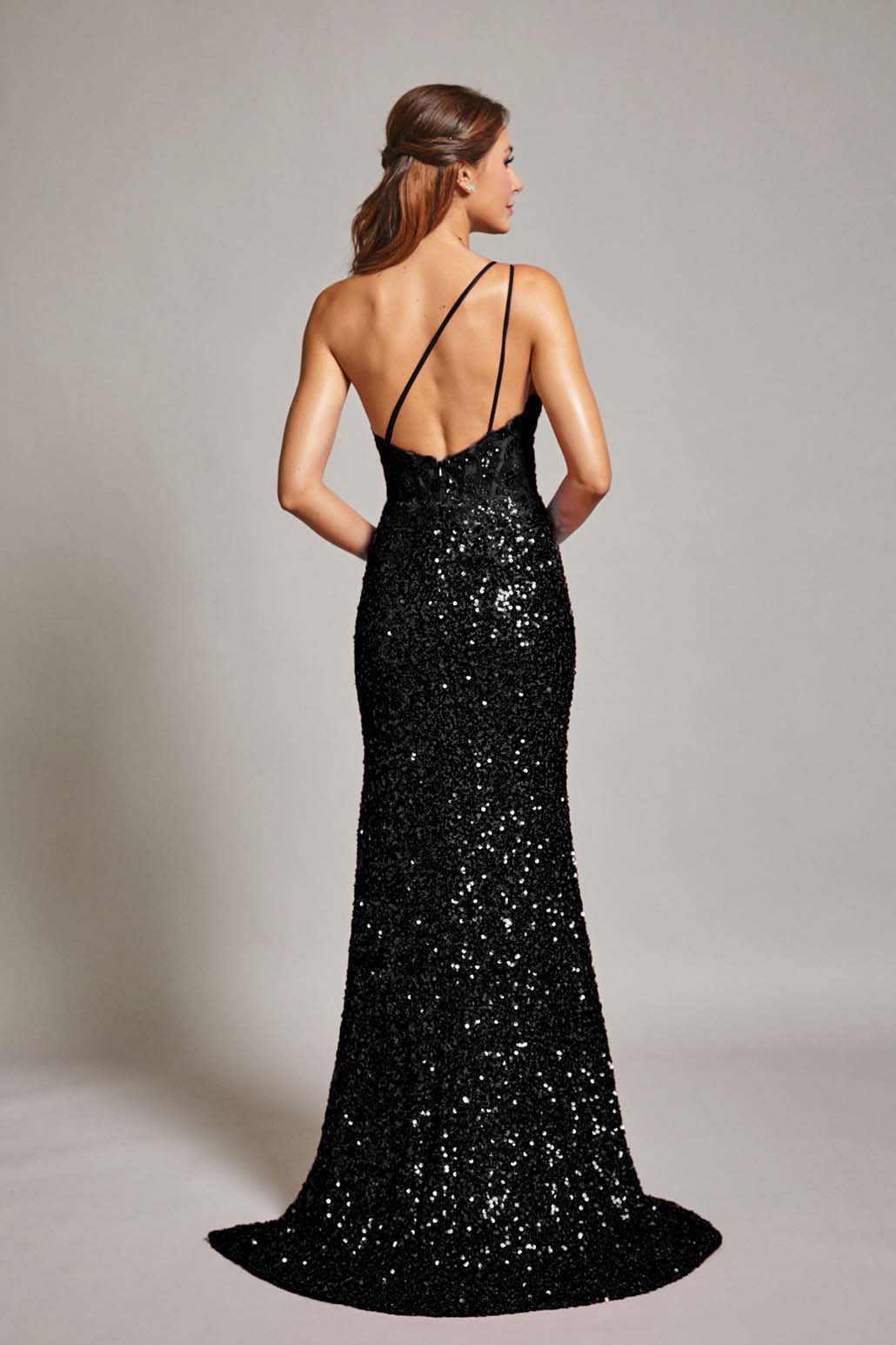 Sequin one shoulder split strap