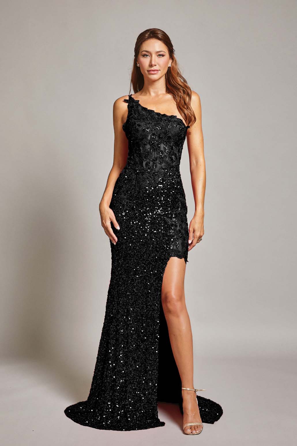 Sequin one shoulder split strap