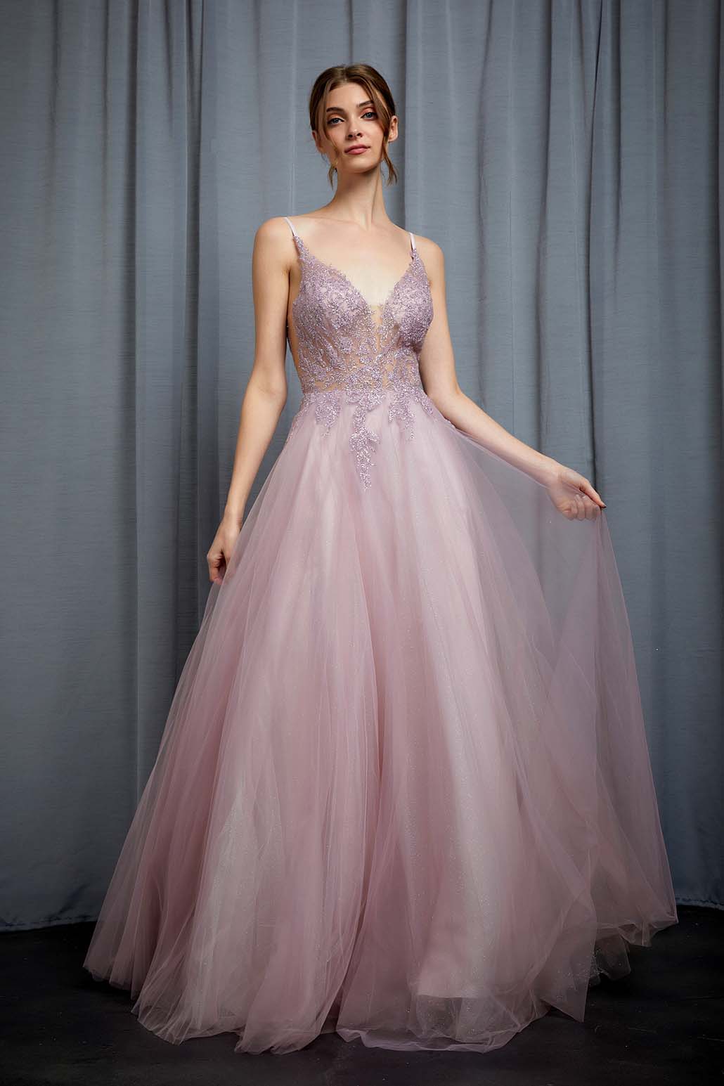 V neck tulle gown with applique top and shear