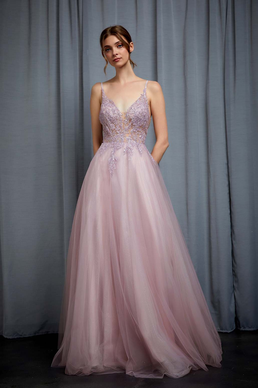 V neck tulle gown with applique top and shear