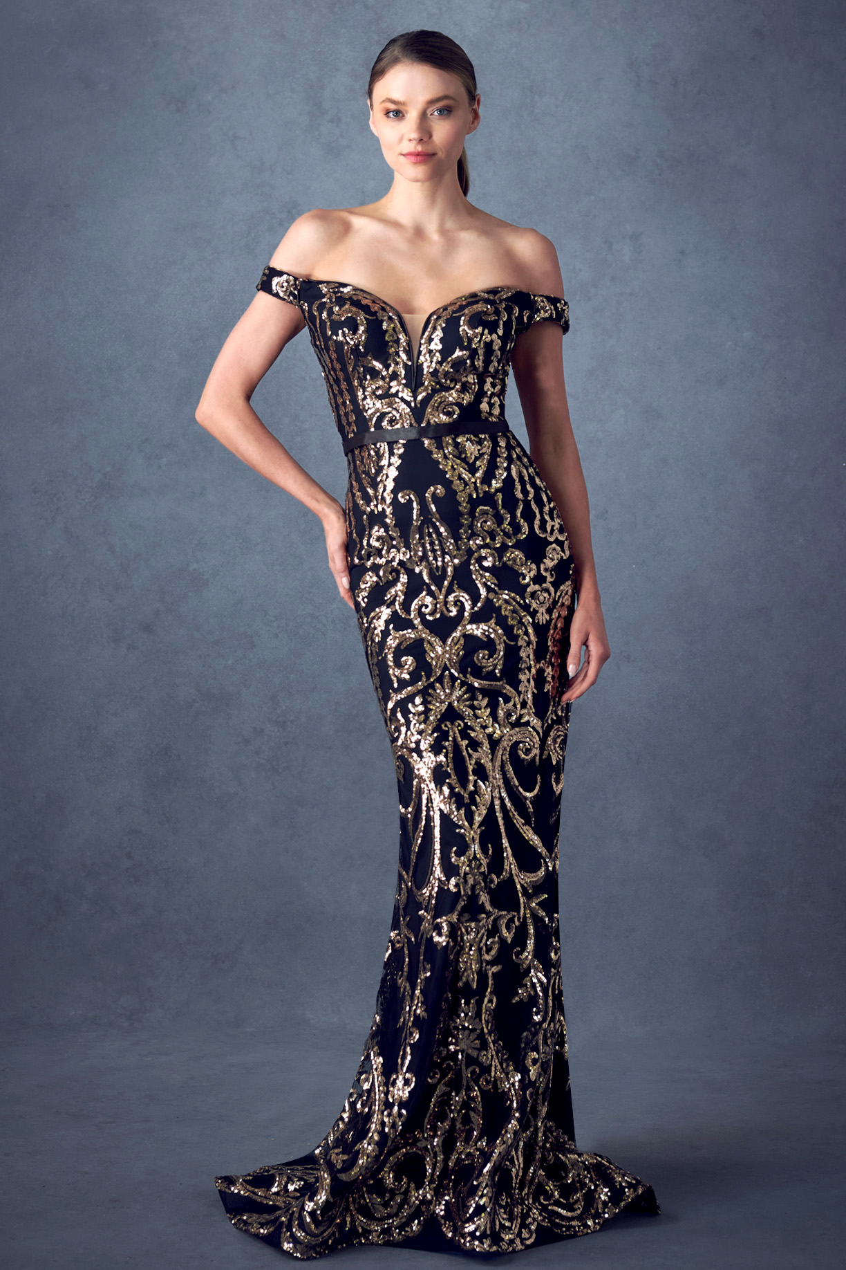 black gold off shoulder formal dress