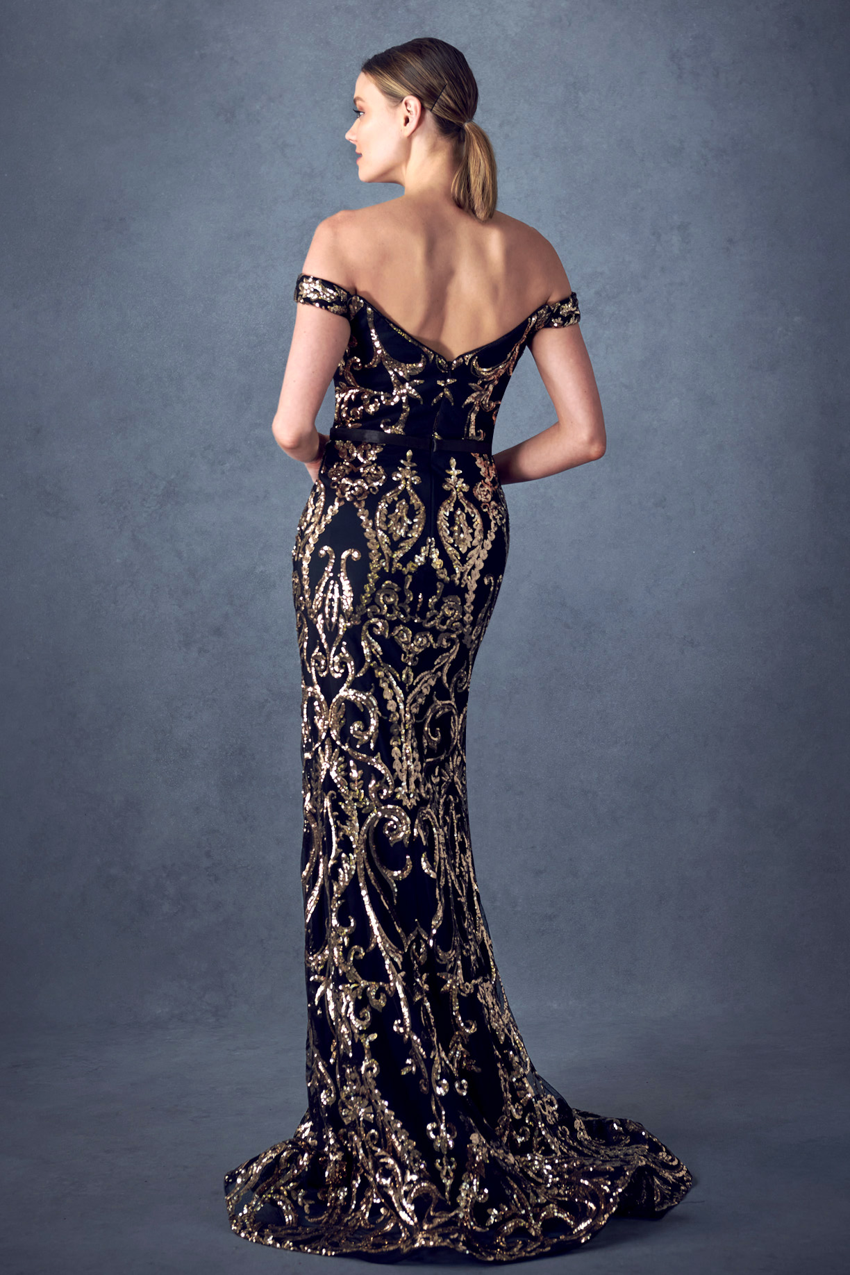 black gold off shoulder formal dress