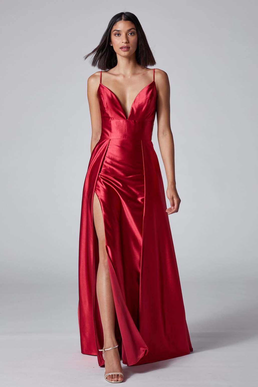 Fit and flare red prom dress with side split